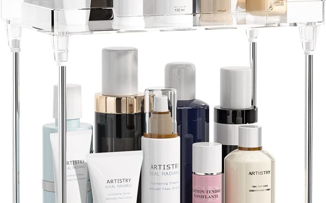 OEM ODM Bathroom Organizer Countertop for Makeup Cosmetic Perfume Skincare Bathroom Supplies and More, Multi-Functional Acrylic 2-Tier Vanity Tray Corner Shelf in Dresser and More Factory & Wholesale Supplier