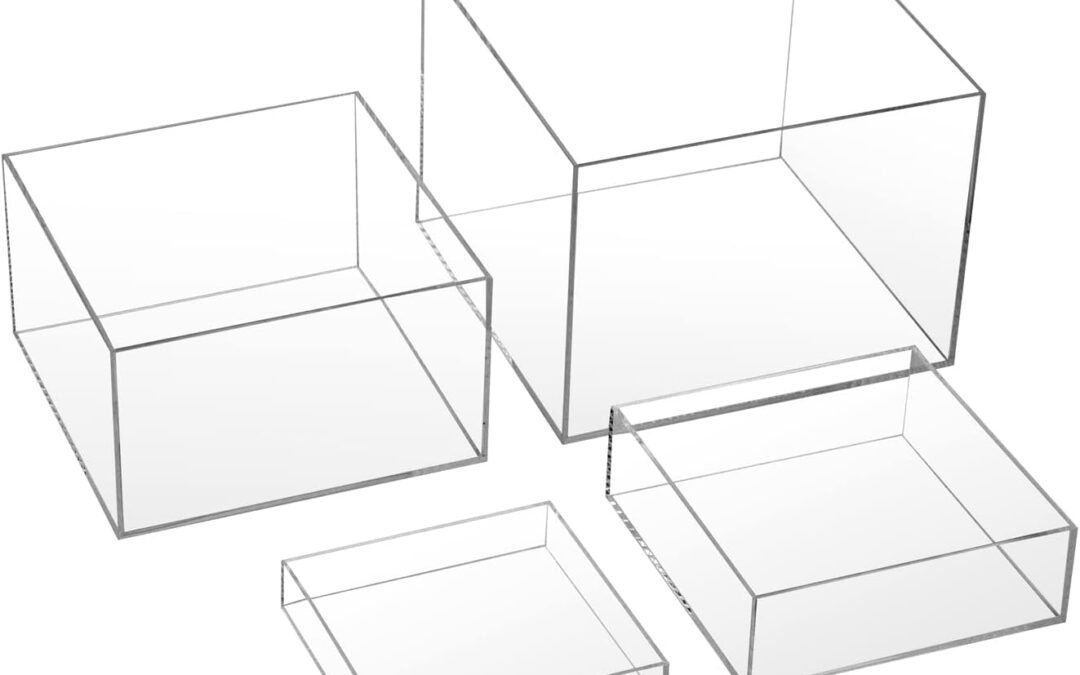 OEM ODM Clear Acrylic Cube Display Box, 5 Sides Crystal Acrylic Risers Stands, Transparent Square Organizer Base for Props Art Collectible Models Memorabilia Trophies Business Expos Display, 4 Pcs Factory & Wholesale Supplier