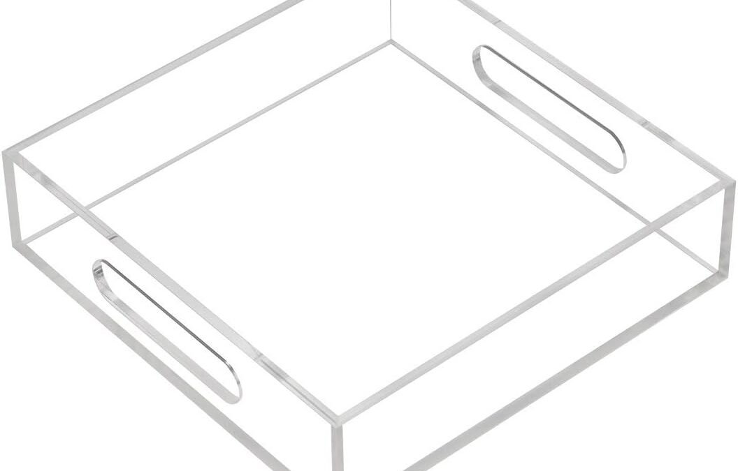 Clear Sturdy Acrylic Tray with Handles-8"x8"x2"H-Countertop Organizer Tray for Kitchen,Bathroom,Office- Storage Box for Cosmetics, Jewelry,Toiletries,Toy,Gadgets
