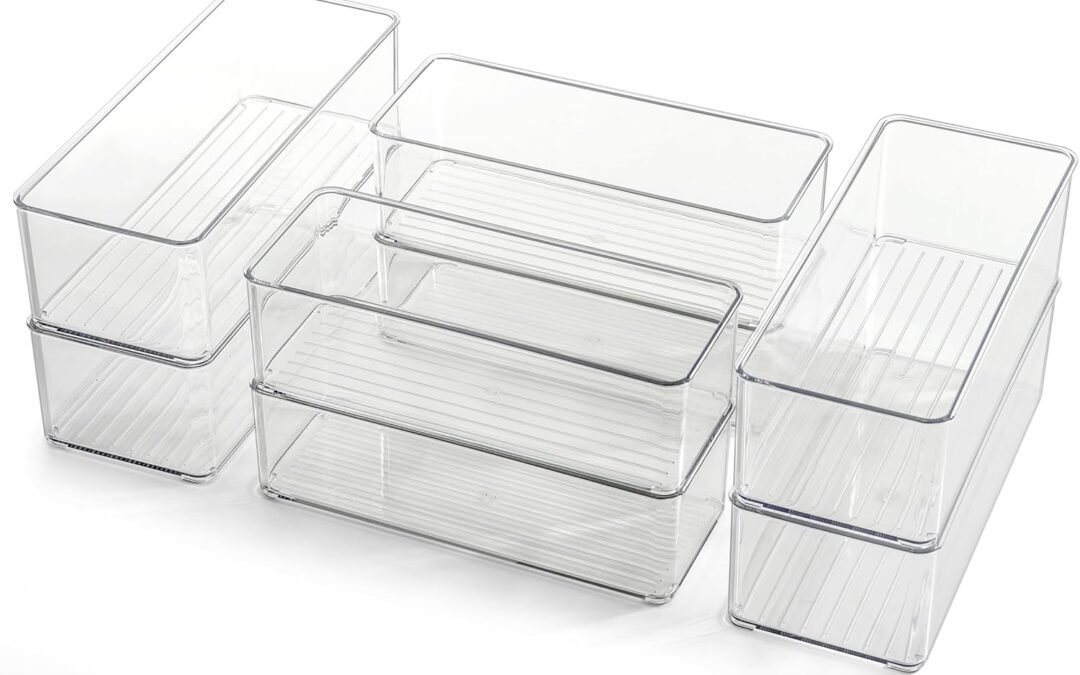 OEM ODM Hudgan 8 Pack Clear Plastic Drawer Organizers Set, Stackable Deep Drawer Organizer for Makeup Vanity and Desk, 2 Sizes Tall Bathroom Drawer Organizer Factory & Wholesale Supplier