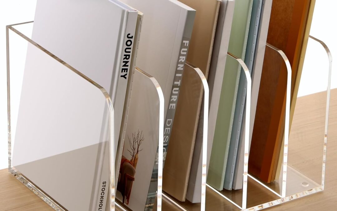 OEM ODM SANRUI Clear Acrylic Magazine File Holder Desk Organizer for Office Organization and Storage with 5 Vertical Compartments Bookshelf for Desk Home Office Factory & Wholesale Supplier