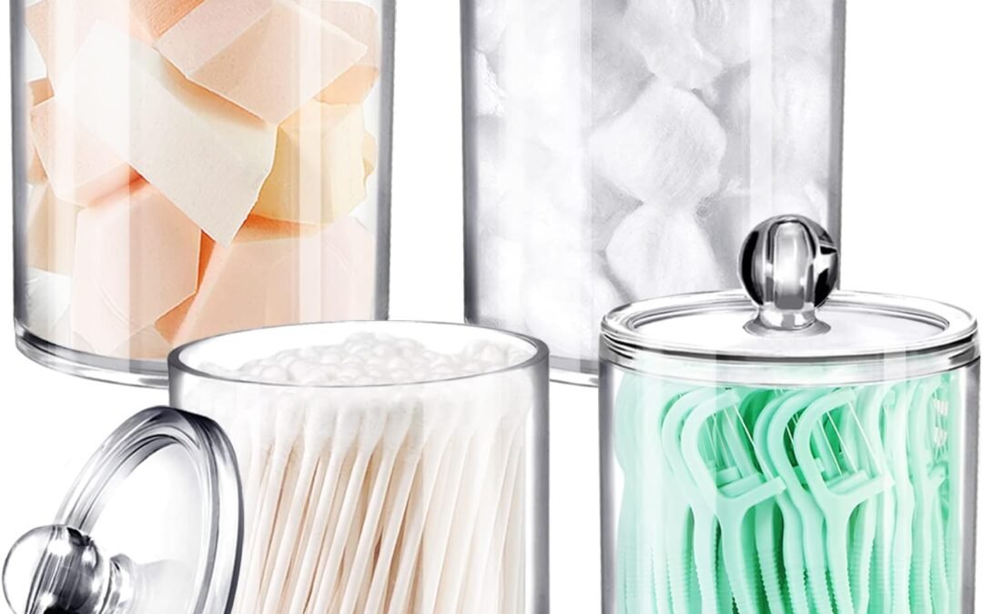 OEM ODM SheeChung 4 Pack Plastic Acrylic Bathroom Vanity Countertop Canister Jars with Storage Lid, Apothecary Jars Qtip Holder Makeup Organizer for Cotton Balls,Swabs,Pads,Bath Salts Factory & Wholesale Supplier