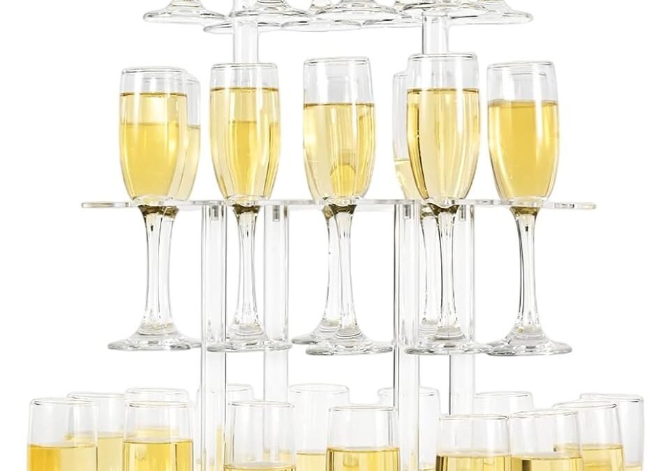 Wholesale Rectangle Acrylic Champagne Tower Display Rack Stand, 3 Tier Floating Sight Flute Holder With 32 Slots for Party, Wedding, School, Celebration, 17.3×11.8×25.5 Inch Factory & Supplier OEM ODM