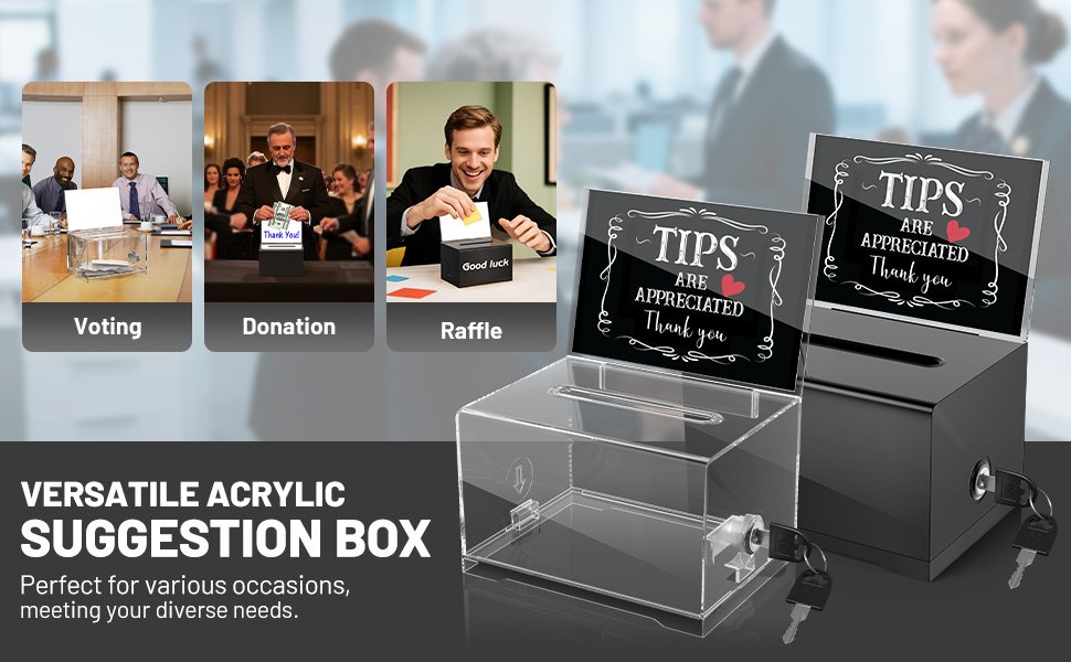 oem odm moko acrylic donation box with lock, clear ballot suggestion box with sign holder for fundraising donation voting collection, raffle, tips jar, 6.2