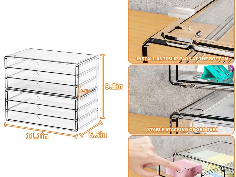 oem odm yieach 2 pack acrylic storage drawers with 6 drawers,stackable desk organizer and makeup organizer,large clear office supplies organizer for pen,stationary,palettes,arts craft organizers and storage factory & wholesale supplier