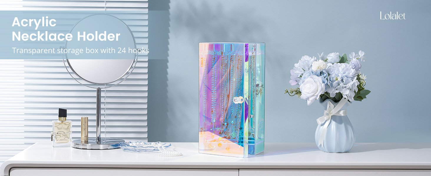 oem odm lolalet necklace holder organizer, acrylic jewelry organizer with 24 hooks, rotating clear necklaces display box with built-in mirror, dust-proof jewelry storage case with velvet tray -lasermirror factory & wholesale supplier