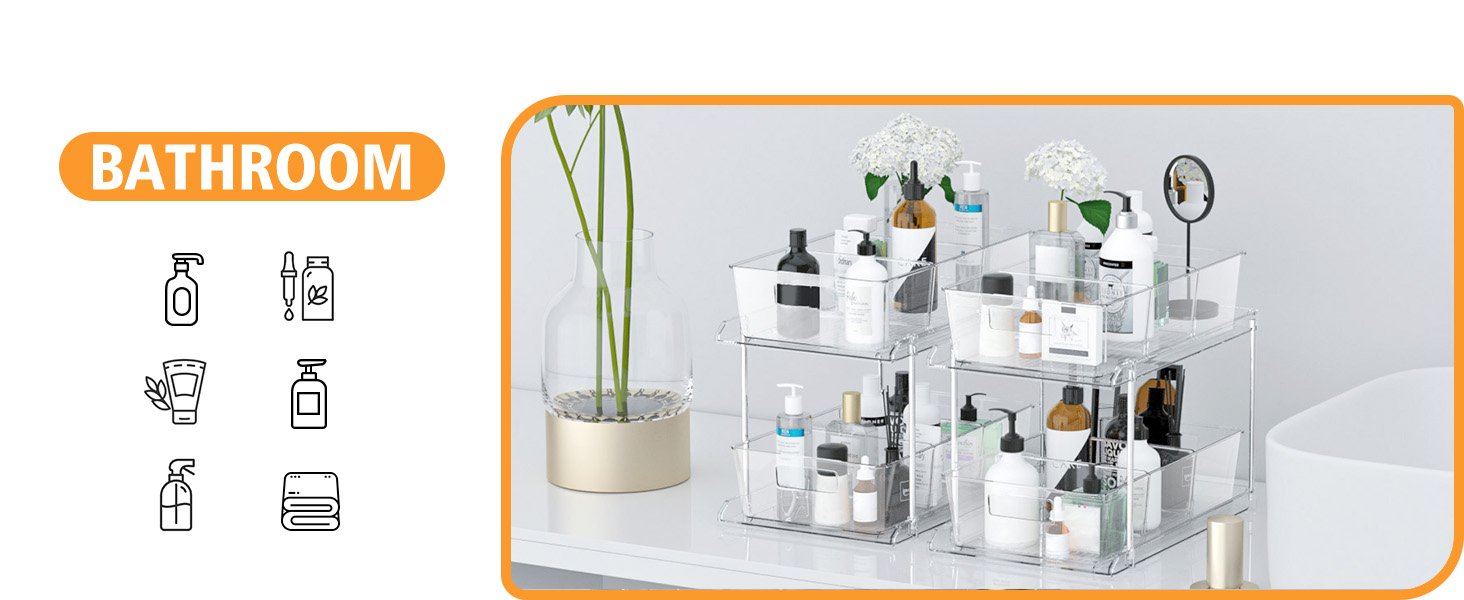 oem odm pull-out home organizer, 2 pack 2 tier clear bathroom organizer with dividers, multipurpose vanity counter tray, kitchen, closet organizers, cabinet & storage container bins factory & wholesale supplier