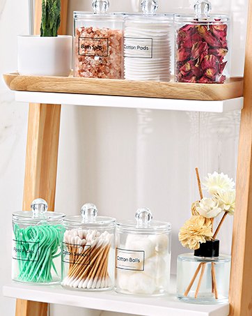 oem odm 4 pack acrylic qtip holder dispenser for cotton swabs, balls, pads, floss picks- small clear plastic canister apothecary jar set, bathroom essentials accessories decor, vanity makeup storage organizer factory & wholesale supplier