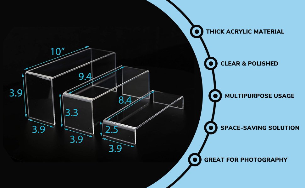 oem odm jusalpha 6 pc 10'' large clear acrylic riser set, acrylic display risers shelf showcase fixtures for jewelry, display stand for amiibo funko pop figures, cupcakes, food display, cabinet- 10 x 3.9 x 3.9 in factory & wholesale supplier
