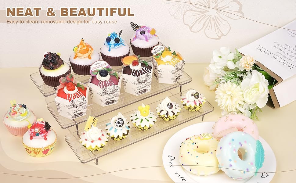 oem odm ulendis 2 pack 3 tier acrylic stands for display, 12 inch clear display stand risers shelf for cupcakes perfumes figurines, tabletop cupcake stand for decorating & organizing(11.8