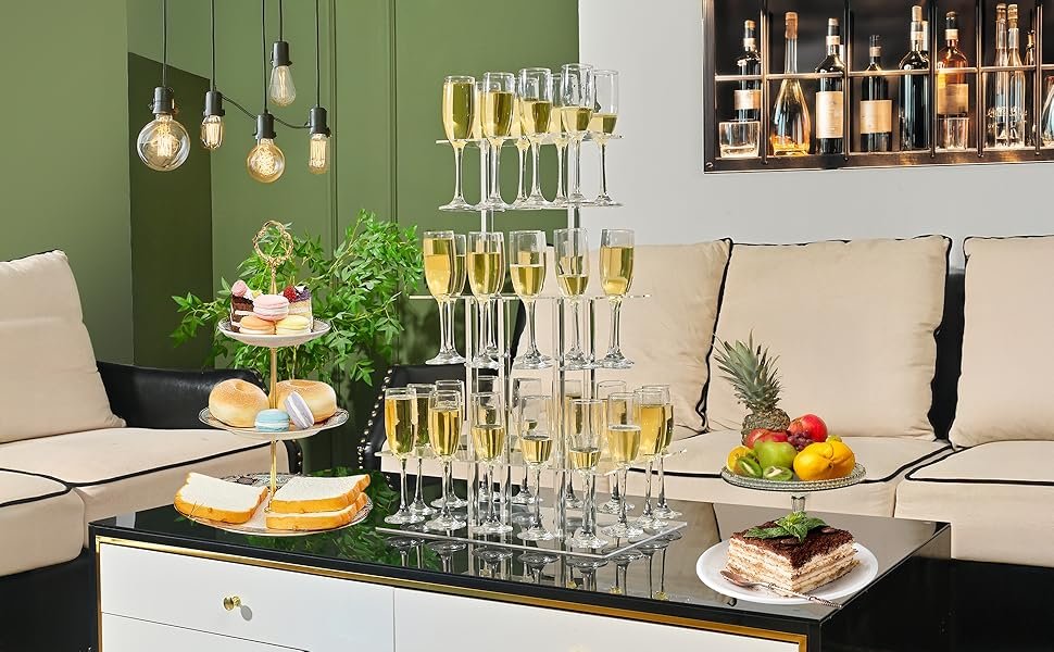 wholesale rectangle acrylic champagne tower display rack stand, 3 tier floating sight flute holder with 32 slots for party, wedding, school, celebration, 17.3x11.8x25.5 inch factory & supplier oem odm