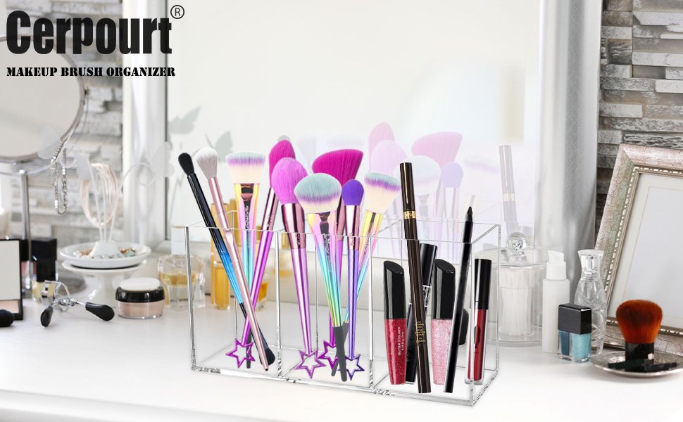oem odm clear makeup brush organizer,acrylic cosmetic brushes storage holder with 3 slots,pencil pen holder for desk,desk organizer and accessories for vanity factory & wholesale supplier