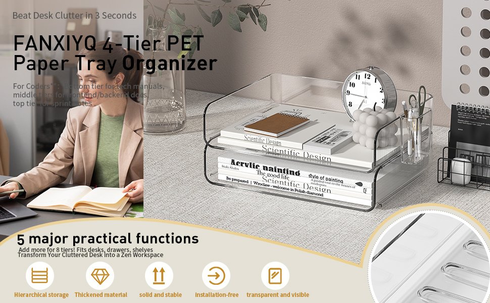 oem odm 2-tier office organizer with pen holder, stackable paper tray for files, letters, books, clear paper folder factory & wholesale supplier