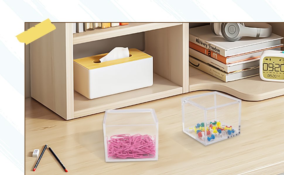 oem odm 2 pack small clear acrylic organizer with lid for paper clips,sticky note,qtip,cotton balls,hair ties holder acrylic box for home office bathroom desk organizer factory & wholesale supplier