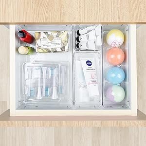 oem odm 16 pcs drawer organizer set, 5 varied size bathroom and kitchen drawer cabinet organizer trays, clear storage bins for makeup, jewelry, utensils and gadgets factory & wholesale supplier