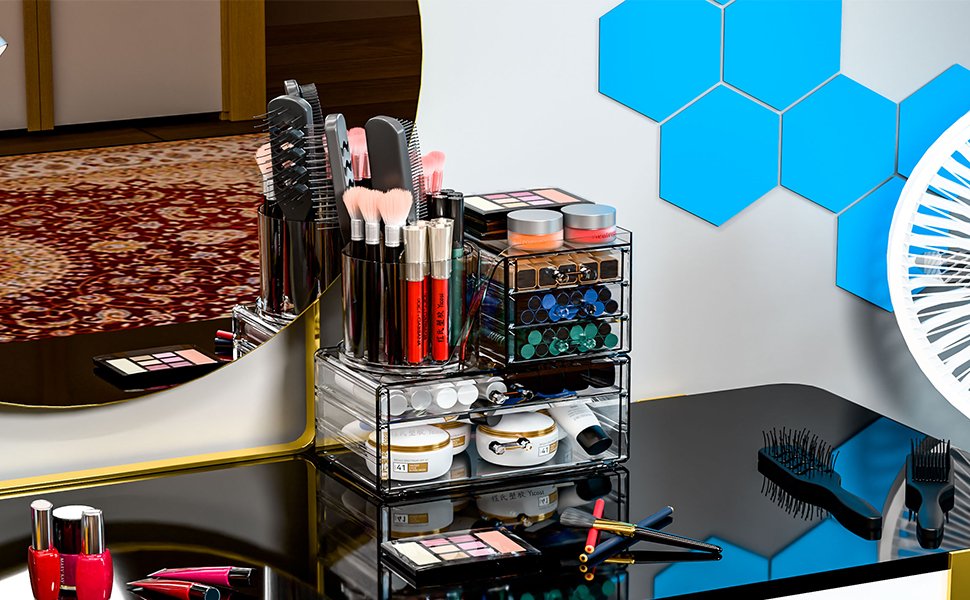 oem odm suoxing 2 pack clear acrylic makeup organizers for vanity,countertop,5 drawer skincare organizer with makeup brush holder,cute small make up storage for bathroom,dorm,dresser beauty products organizer factory & wholesale supplier