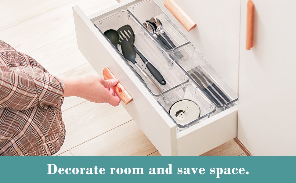 oem odm 16 pcs drawer organizer set, 5 varied size bathroom and kitchen drawer cabinet organizer trays, clear storage bins for makeup, jewelry, utensils and gadgets factory & wholesale supplier