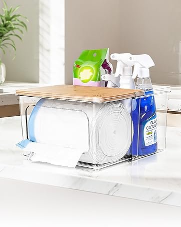oem odm trash bag dispenser holder - 2 in 1 clear acrylic plastic garbage bags container with bamboo lid storage box for kitchen pantry laundry room organization, large trash bag organizer under sink factory & wholesale supplier