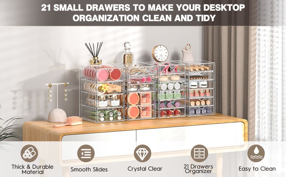 oem odm acrylic drawer organizers - 21 drawers 4 set - clear storage drawers for office supplies - stackable makeup organizer - dustproof desk organizers for makeup, jewelry, pen, stationary factory & wholesale supplier